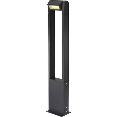 A sleek, modern black outdoor lamp post with a rectangular frame and a light source at the top, designed for pathway or garden lighting.