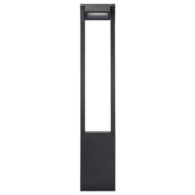 Metallic garden bollard with a minimalist design and a light fixture on top, used for outdoor lighting.