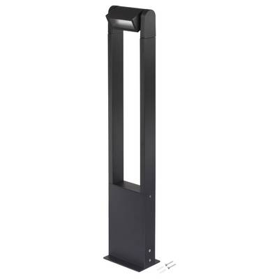 A tall, modern black outdoor bollard light with a rectangular design. It includes mounting screws at the base.