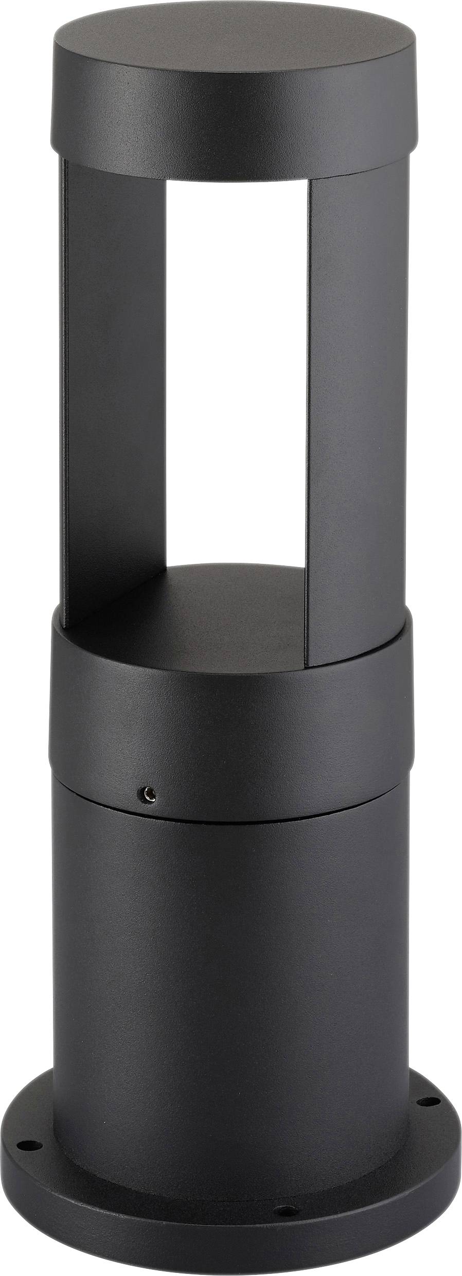 A cylindrical black bollard light fixture with an open center section for illuminating pathways.