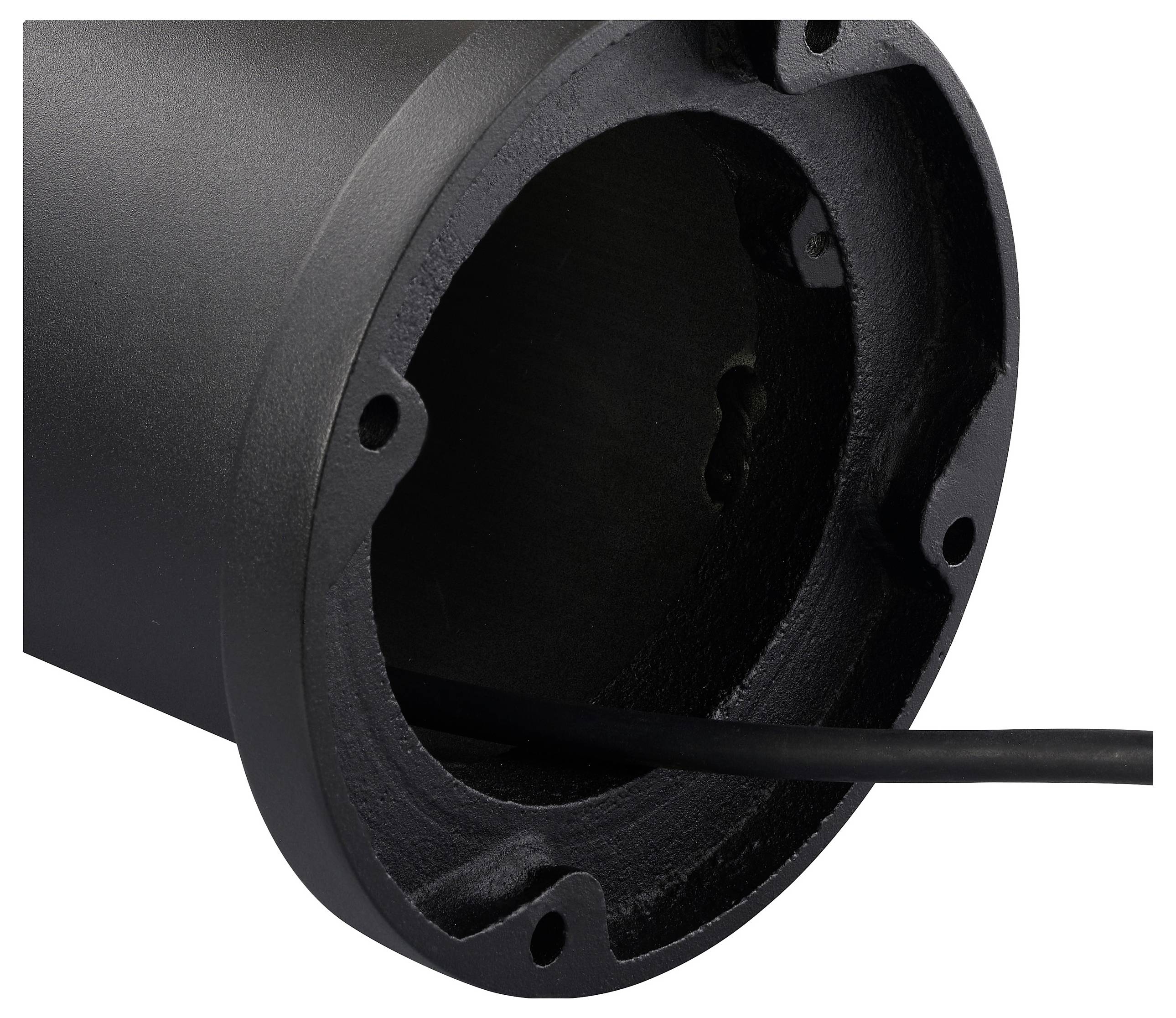 The image shows a close-up of an empty cylindrical black metal casing with a cable extending from it, highlighting its hollow interior and mounting holes.