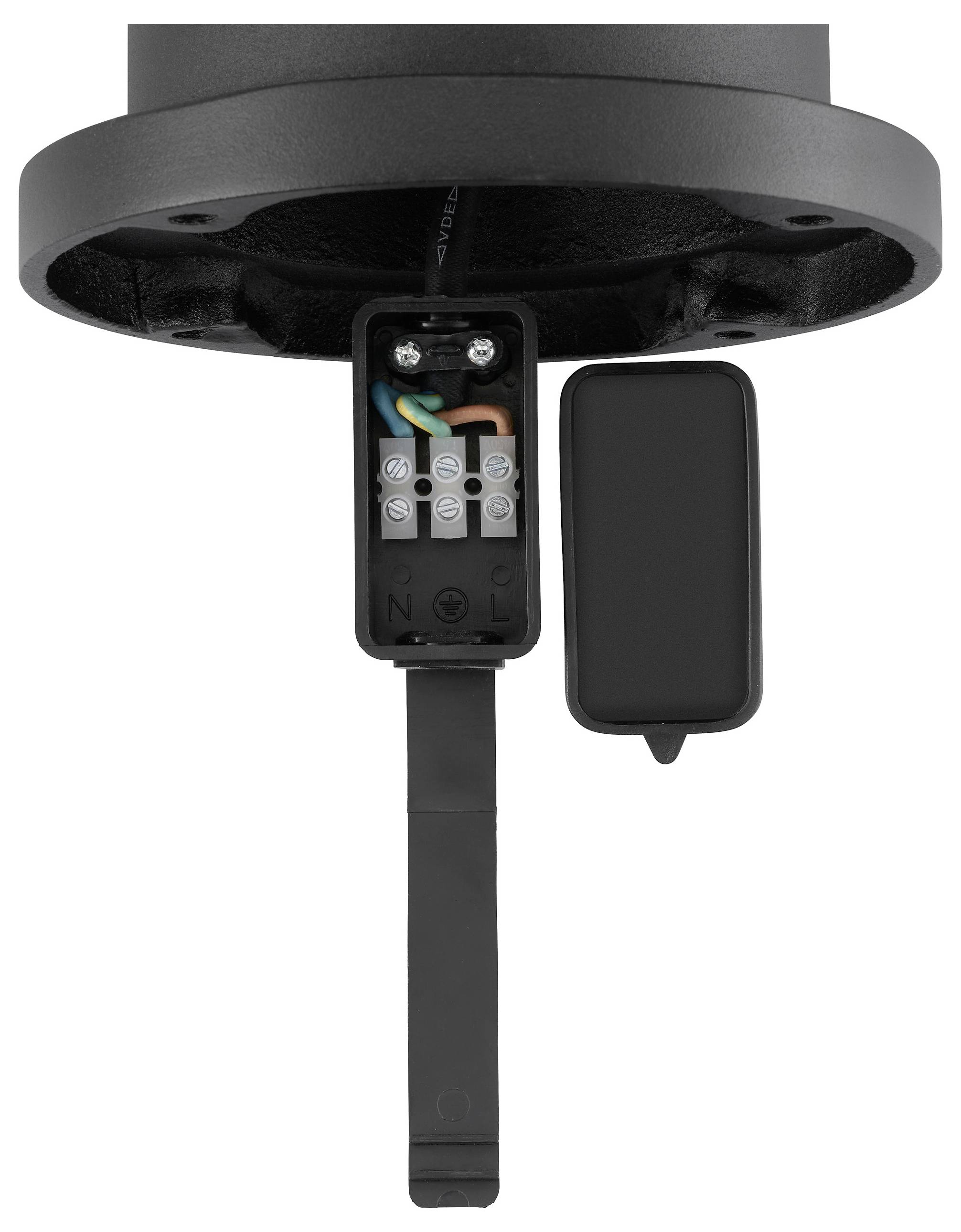 A round black base with an open compartment showing electrical wiring with terminals marked 'N', 'O', and 'L'. A rectangular cover lies beside it.
