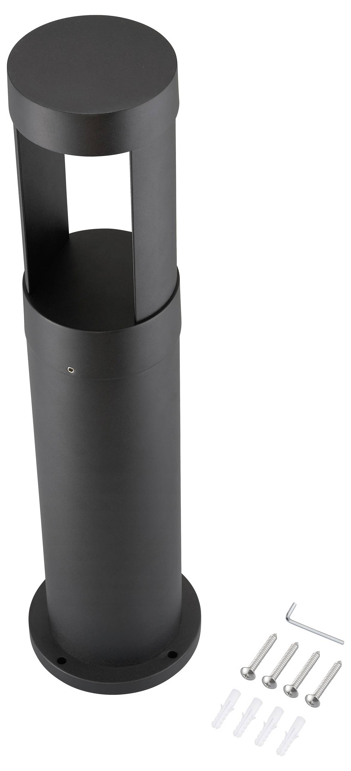 Black cylindrical outdoor light fixture with a minimalist design, shown with screws and a hex key for installation.