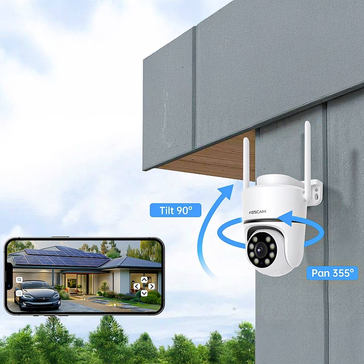 An external camera is mounted on a house corner, showing a tilt angle of 90 degrees and a pan range of 355 degrees. A monitor displays the camera image of a detached house.