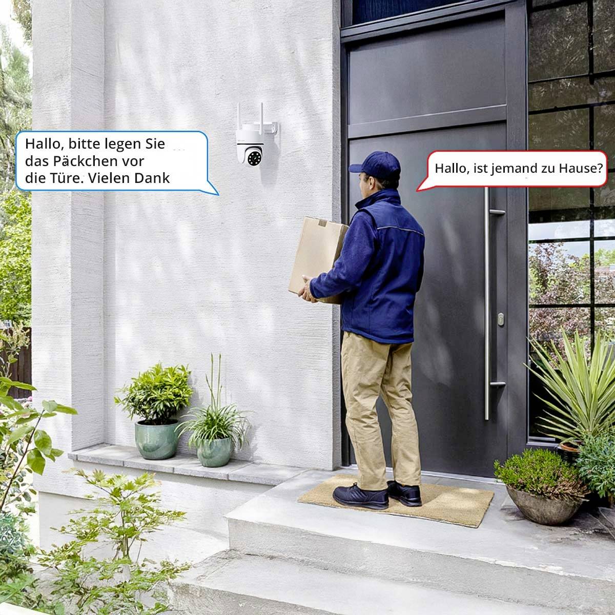 Man at the front door, holding a parcel. Camera with speech module says: 'Hello, please place the small package in front of the door. Thank you very much'.