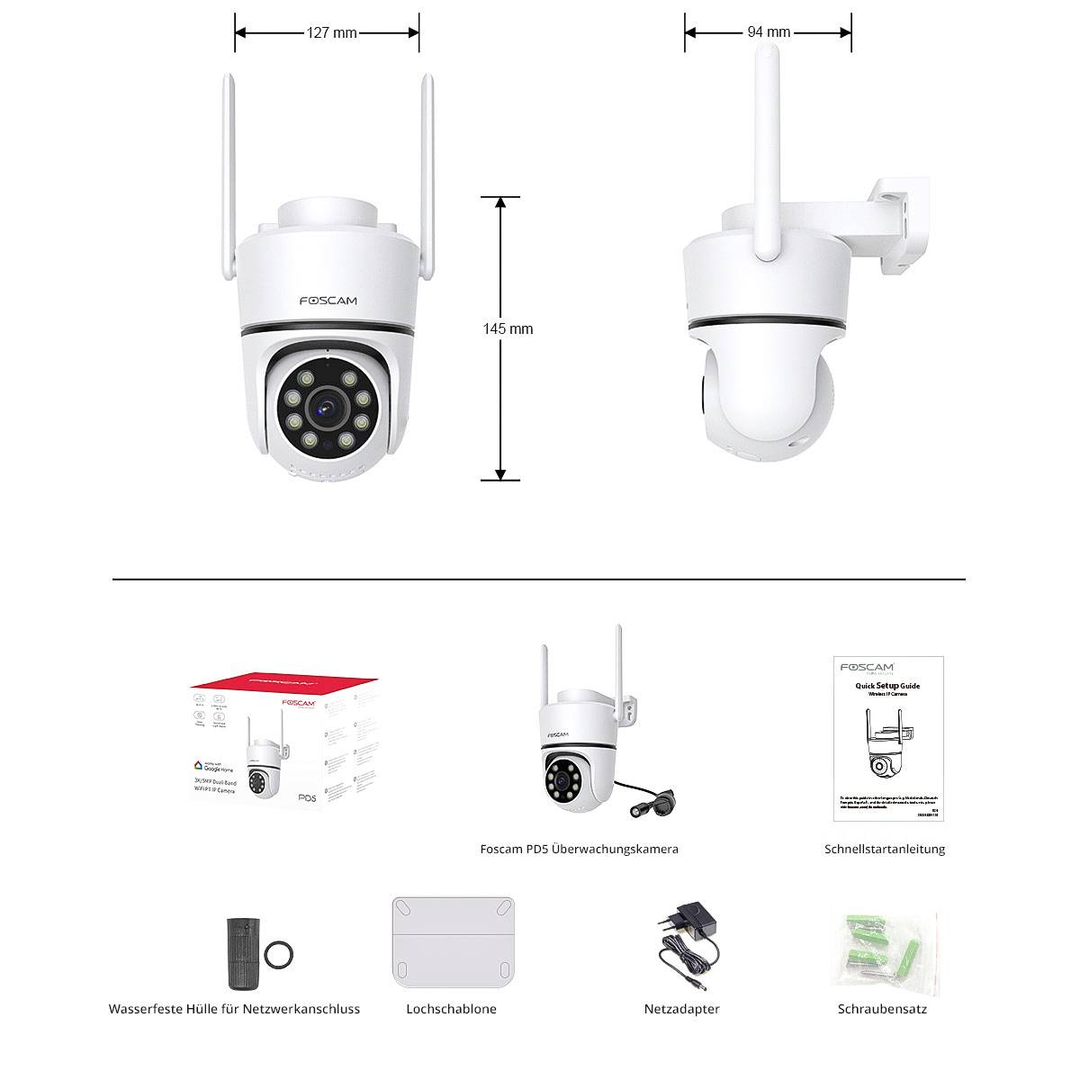 The graphic depicts a surveillance camera with two views and specifications. Accessories: Network cable cover, drilling template, power adapter, screws, instruction manual.