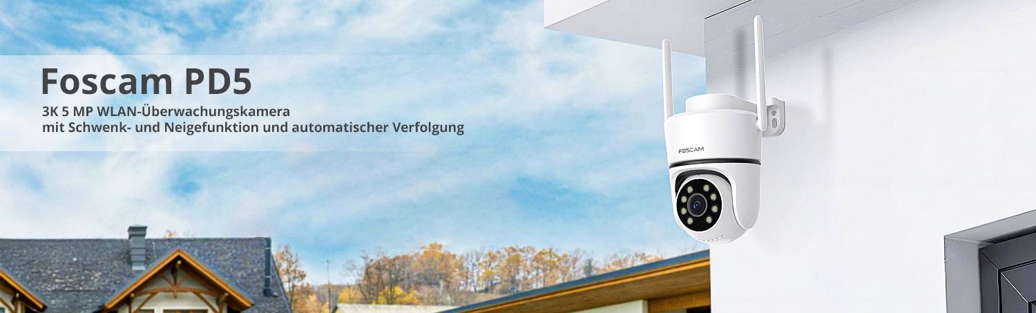 Foscam PD5 surveillance camera mounted on a house, with Wi-Fi functionality, pan and tilt features, and automatic tracking.
