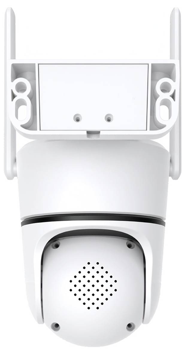 A white surveillance camera is mounted on a wall bracket and pointing downwards. It has a modern, rounded design.