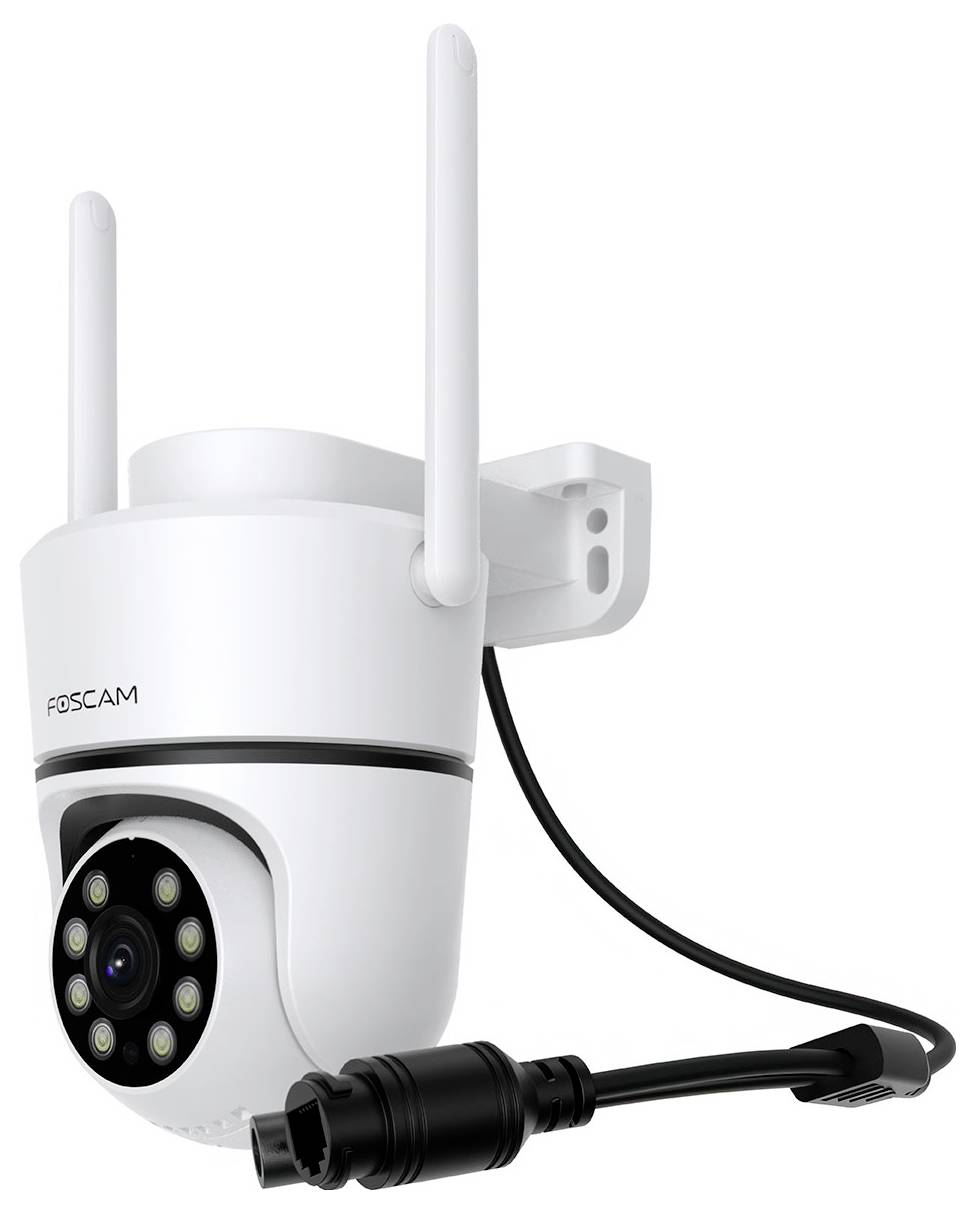White surveillance camera with two antennae and night vision LEDs, mounted on a wall bracket, with power cable.