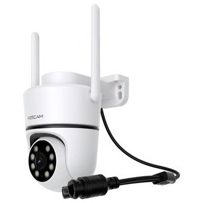 White surveillance camera with two antennae and night vision LEDs, mounted on a wall bracket, with power cable.
