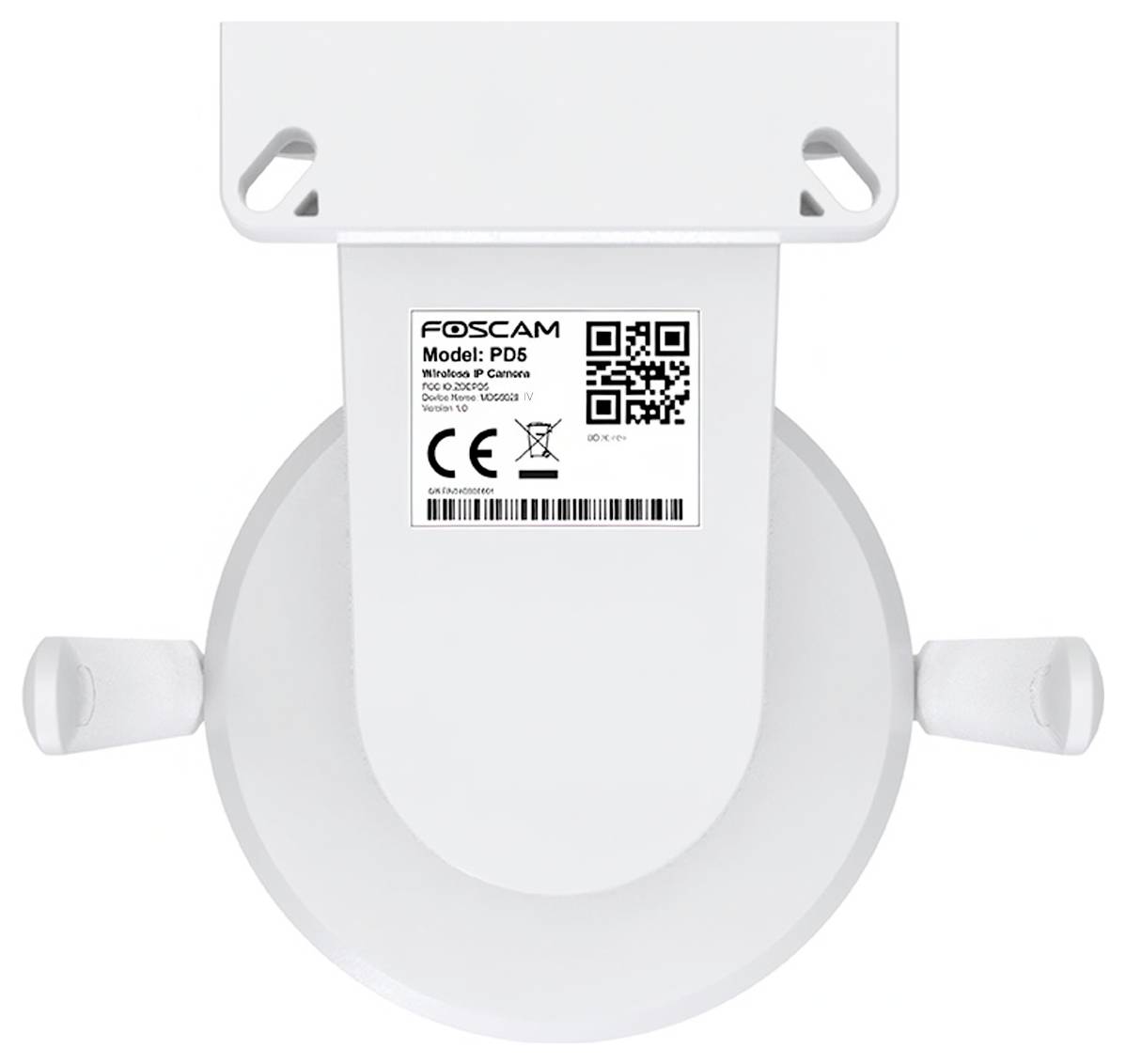 Top-down view of a white camera with the model 'PD5' and a QR code on the label. Brand name and conformity symbols are visible.