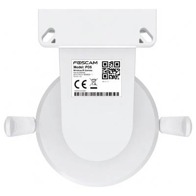 Top-down view of a white camera with the model 'PD5' and a QR code on the label. Brand name and conformity symbols are visible.