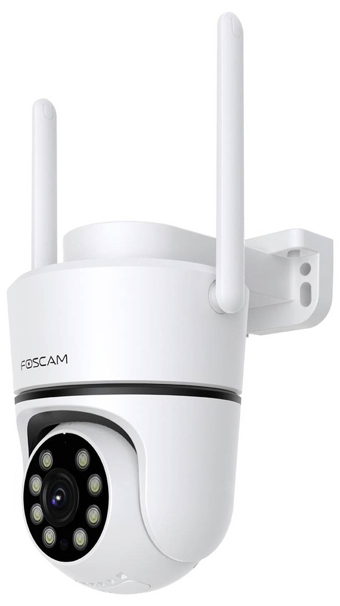 White surveillance camera with swivelling lens and infrared lights, wall-mounted; suitable for outdoor use.