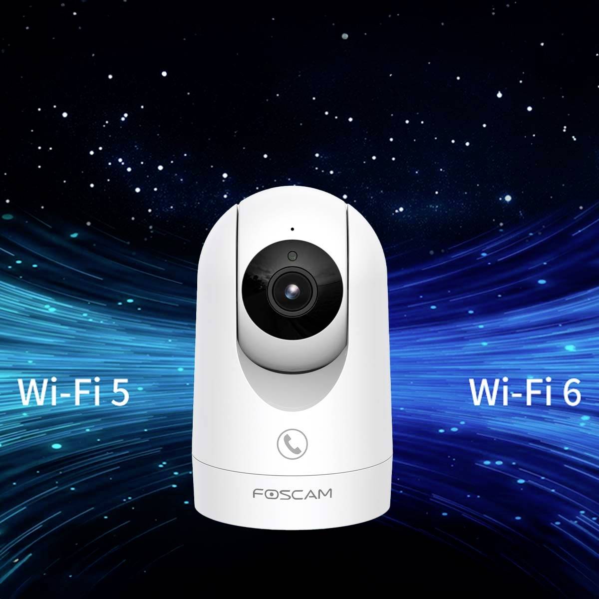 A white Foscam surveillance camera positioned between the text 'Wi-Fi 5' and 'Wi-Fi 6' against an abstract, futuristic background.