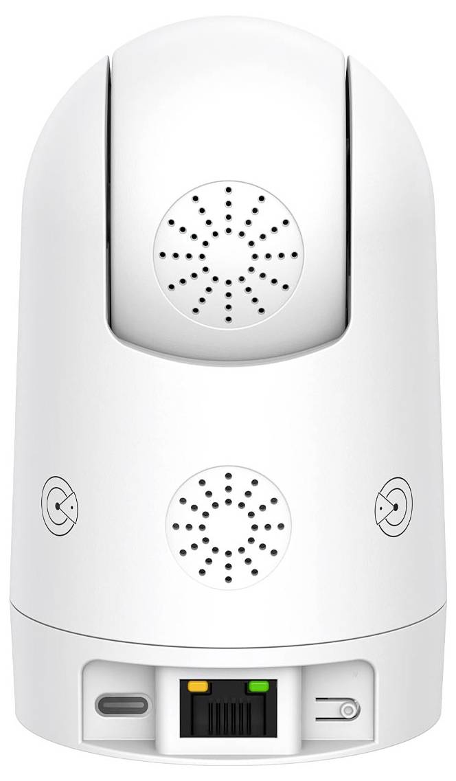 White surveillance camera with speakers on the front and connections at the back, suitable for indoor use.