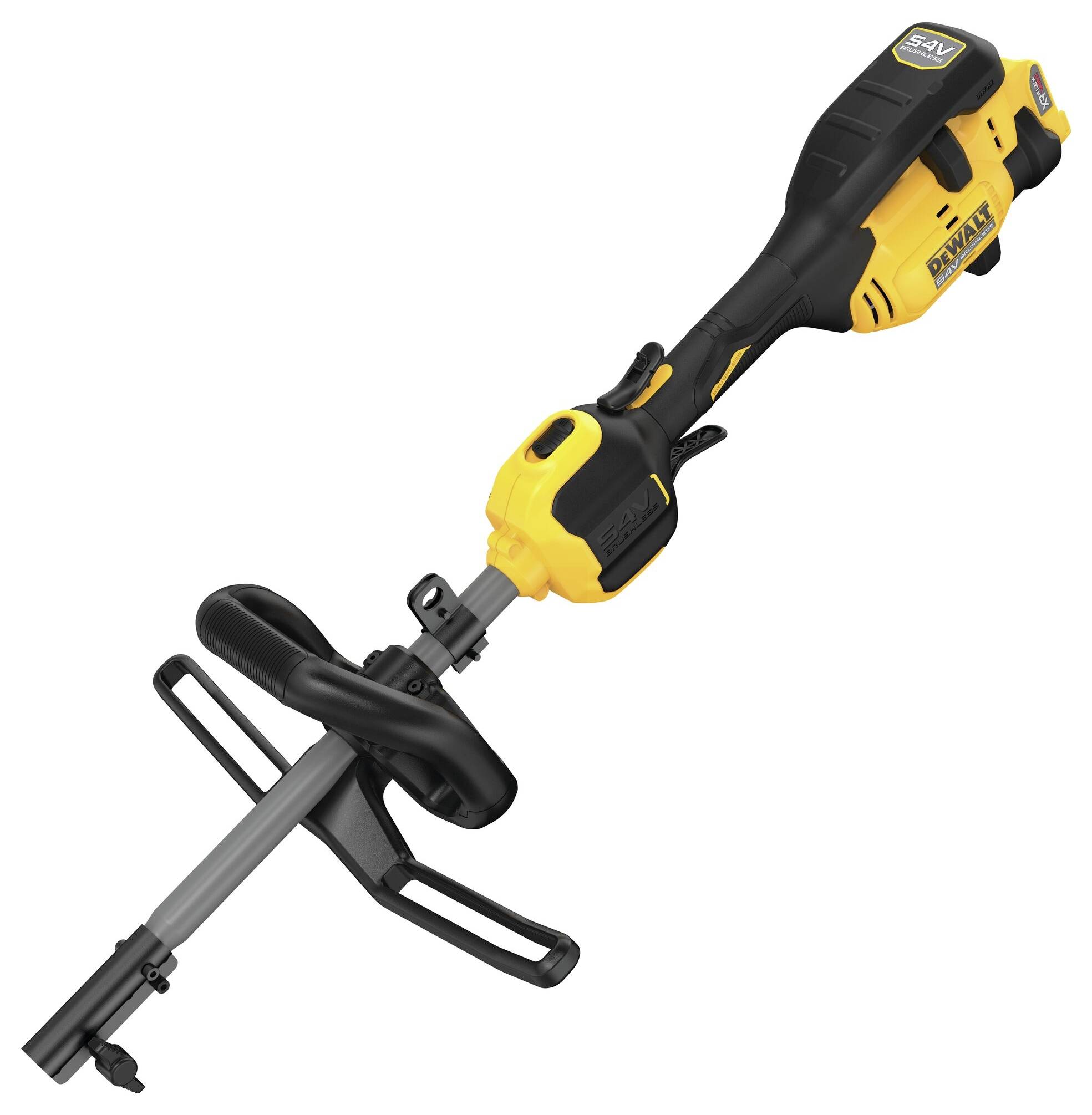 A black and yellow, battery-powered electric tool with an ergonomic handle, clearly designed for garden maintenance or lawn work.