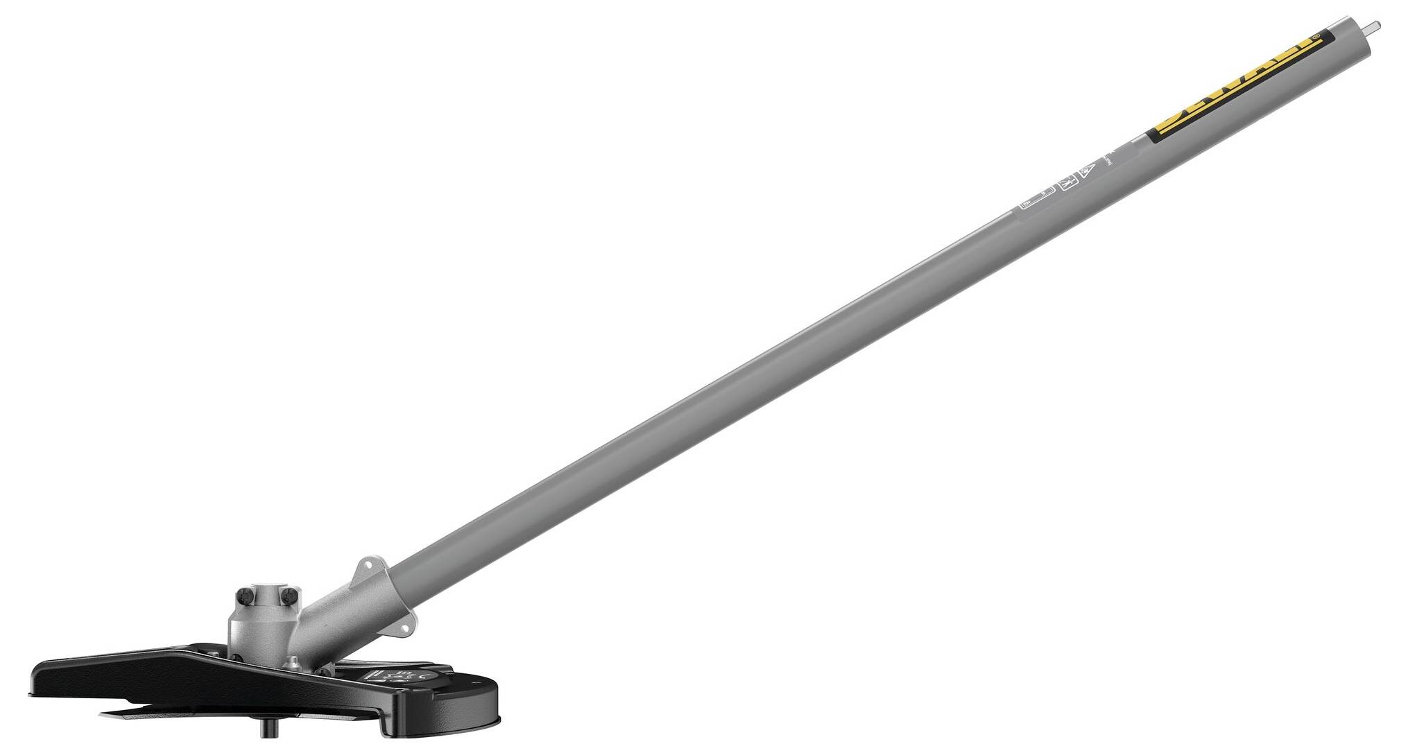 A grey lawn trimmer extension shaft with a black protective guard at the lower end. Suitable for powerful cutting tasks in the garden.
