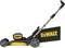 Electric lawn mower by DeWalt with yellow and black design, positioned ready for use.
