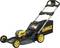 DeWalt cordless lawnmower with a black casing and yellow accents. Suitable for garden use and lawn maintenance.