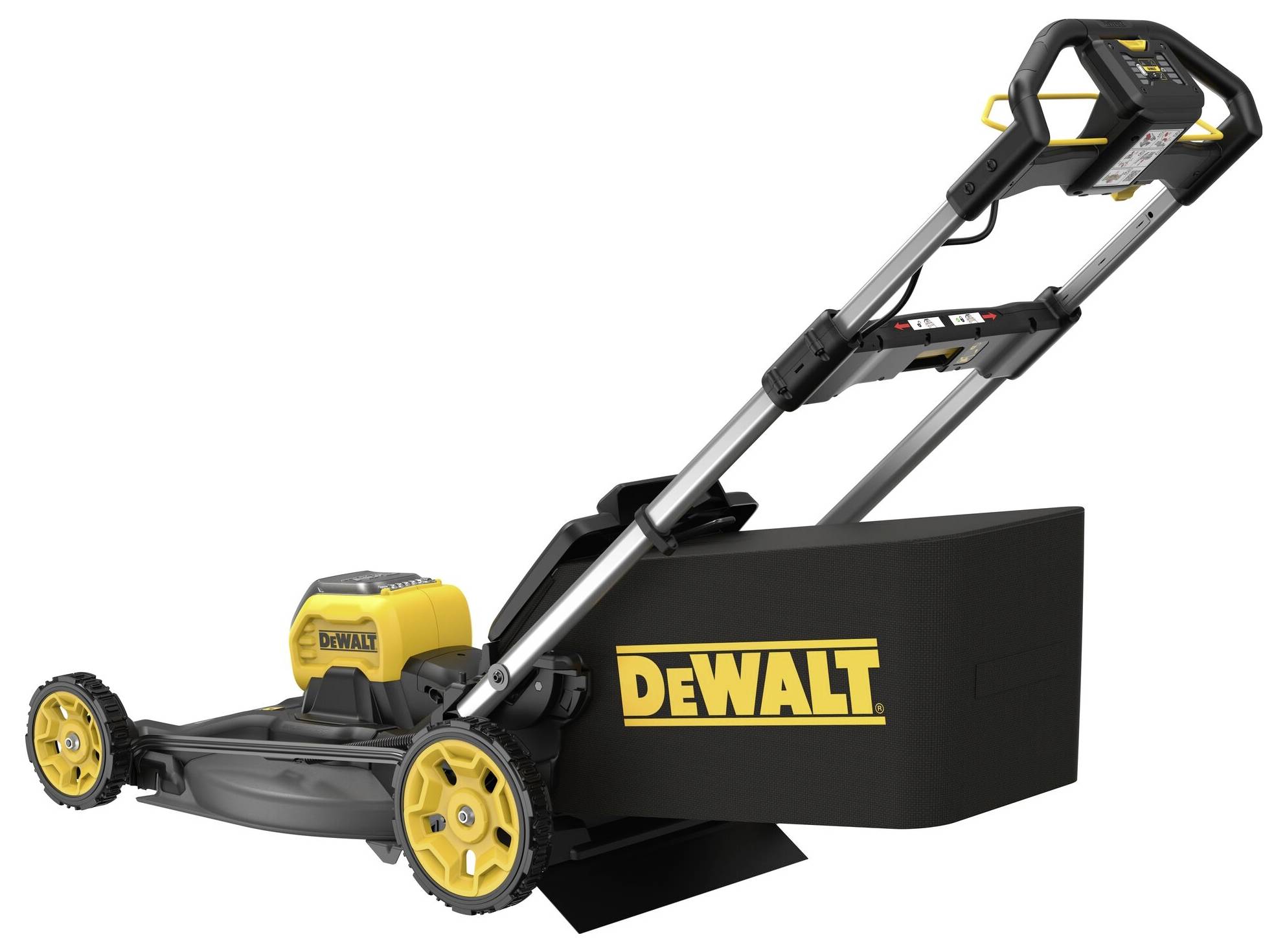 Lawnmower with yellow accents and the 'DeWalt' brand on the black casing, suitable for medium to large gardens.