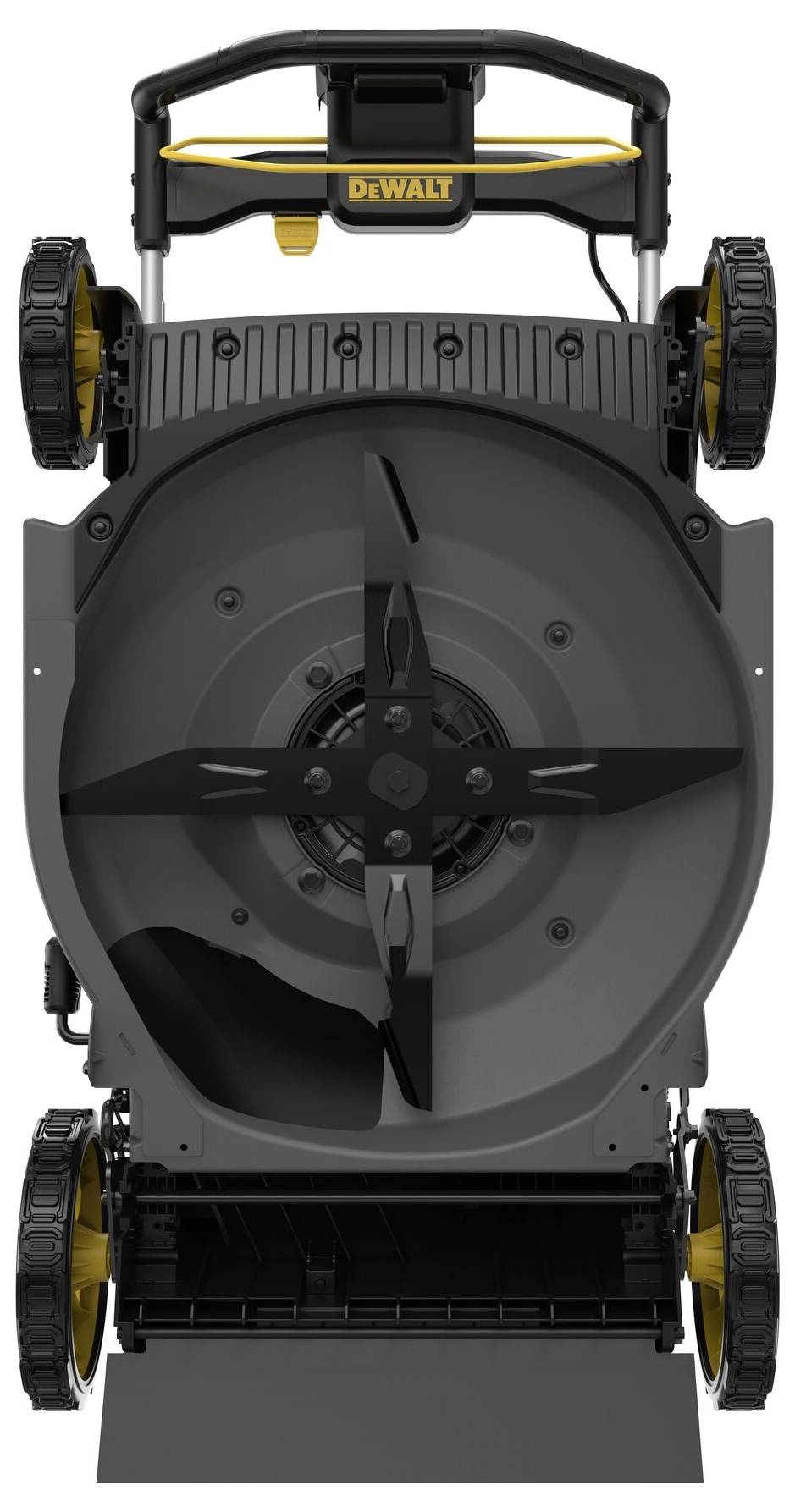 An electric lawnmower photographed from underneath, with a black casing and visible cutting blade, brand name visible at the top.