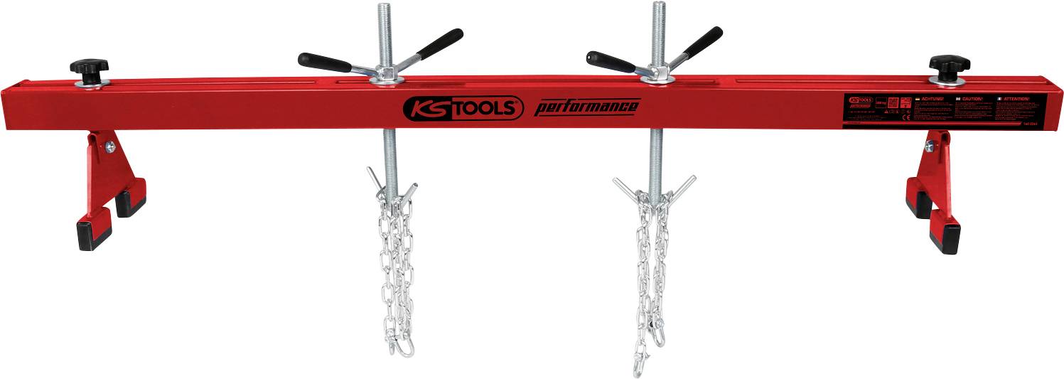 Motor traverse by KS Tools with a red frame, two adjustable hooks and chains for securing heavy motor components.