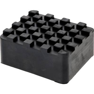 Black rubber block with square raised sections on the top surface, suitable as a shock absorber or non-slip mat.
