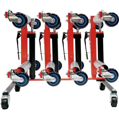 Red rollable machine mounts with blue wheels and a black mounting bracket, arranged in a row. They are mounted on a metal frame.