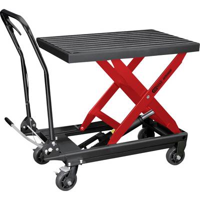 A red scissor lift table truck with a black platform and wheels. Suitable for lifting and transporting heavy loads.