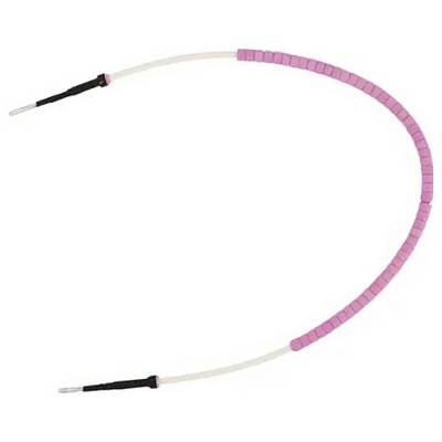 A white cable with a pink spiral covering, ends reinforced in black.