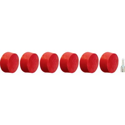 Six red bottle caps laid side by side with a tap to the right.