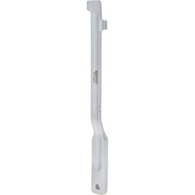 A silver metal machine part with a curved shape and a small hole at the end. Suitable for machinery or vehicle assembly.