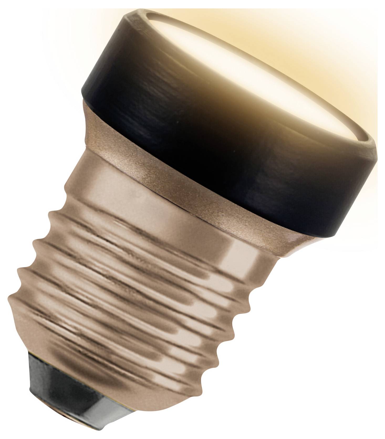 A switched-on LED light bulb with an E27 fitting, emitting a slightly yellowish glow. Ideal for warm, energy-efficient room lighting.