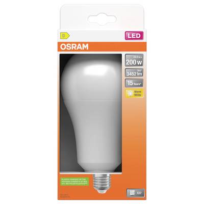 OSRAM LED light bulb package showing a 200 W equivalent warm white bulb, 3452 lm, 15-year life, E27 base.