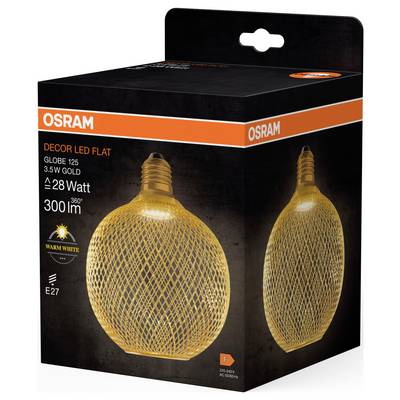 Black packaging with orange lettering 'OSRAM'. Pictured is a golden LED light bulb, 28 watts, 300 lumens, E27 base.