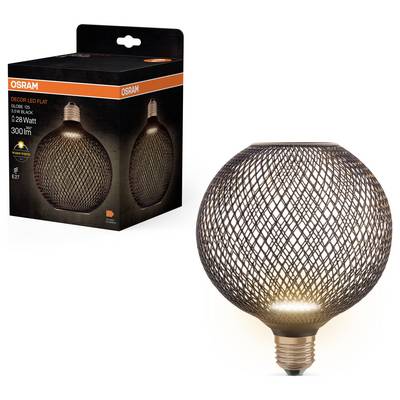 A decorative Osram LED light bulb in a spherical shape with a black mesh design. The packaging shows the same light bulb with 2.8 watts and 300 lumens.