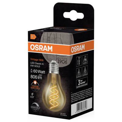 An OSRAM Vintage 1906 LED lamp in its packaging. The lamp has 8W Gold, equivalent to 60 watts, with 806 lumens and an E27 socket.