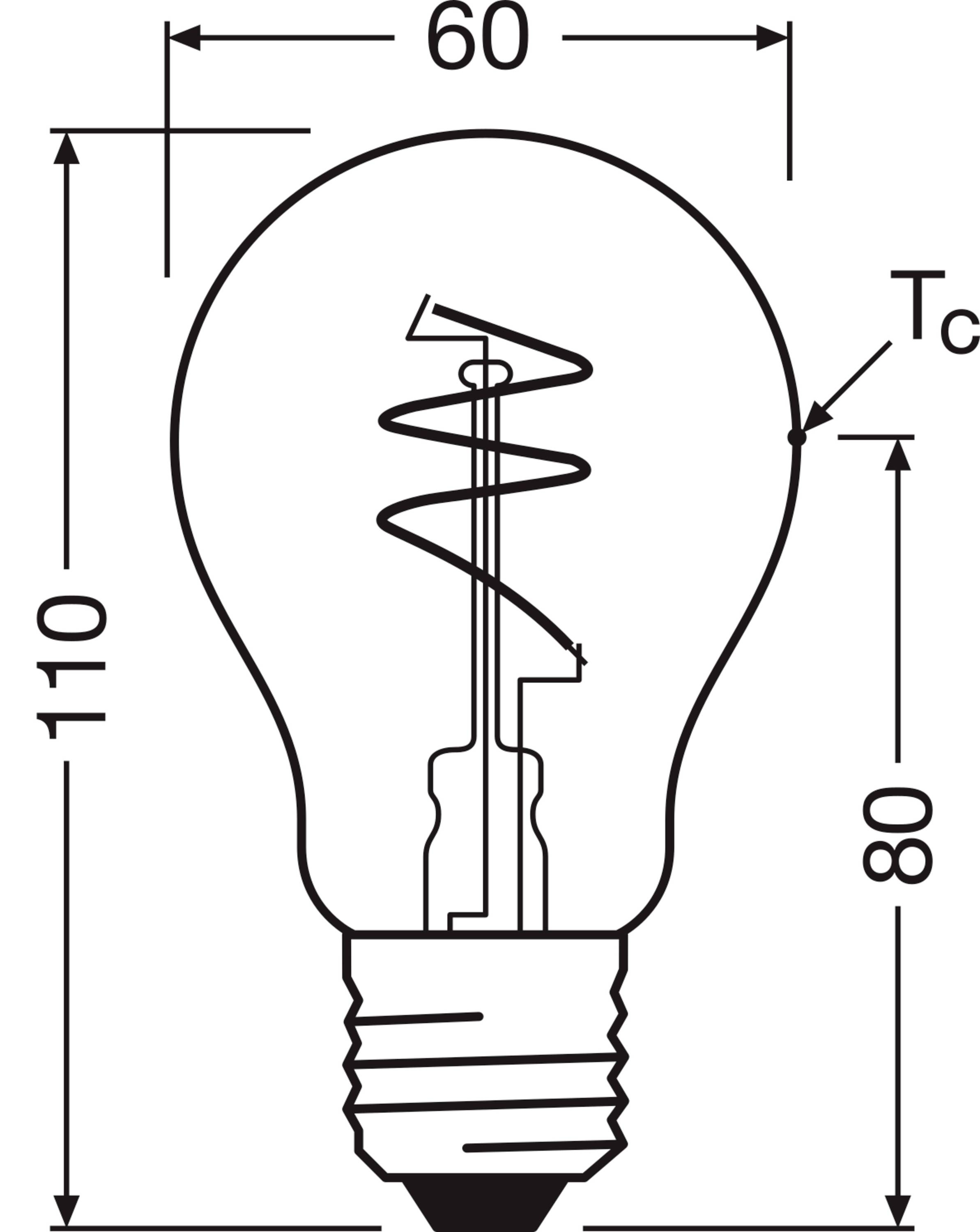 Lightbulb sketch with dimensions: Height 110, Width 60. Filament and base visible. Marking 'Tc' at 80.
