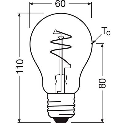 Lightbulb sketch with dimensions: Height 110, Width 60. Filament and base visible. Marking 'Tc' at 80.