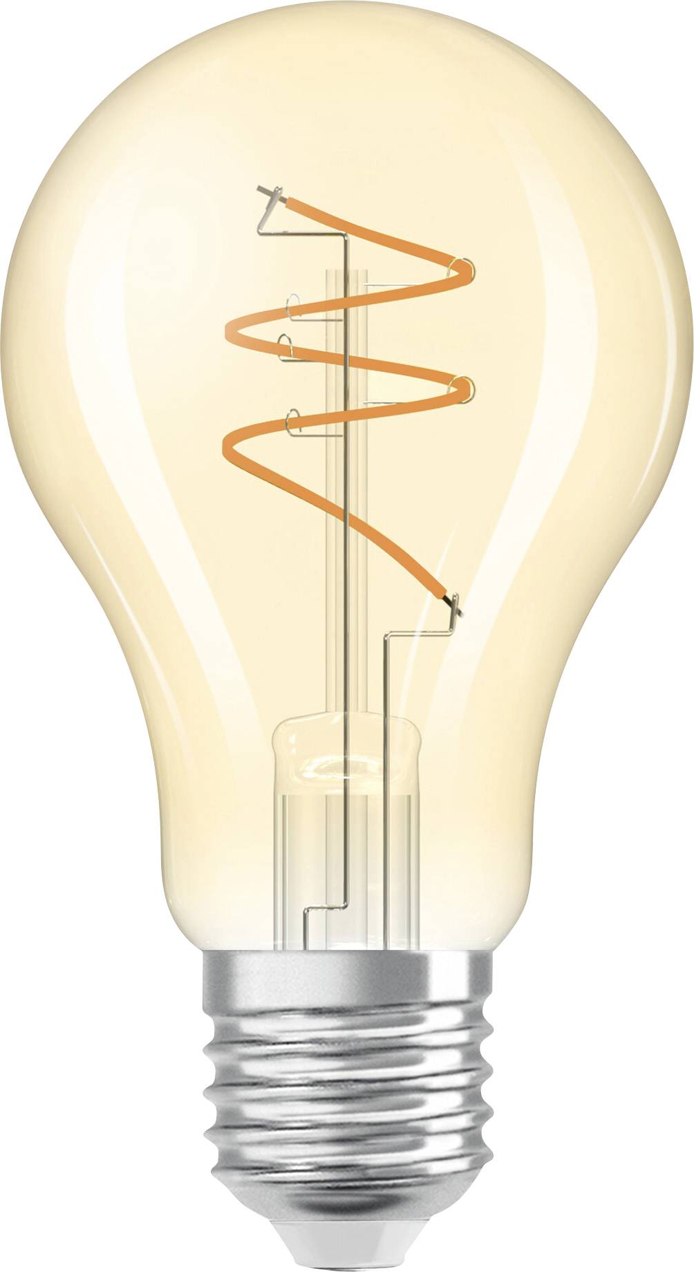 A light bulb with a visible illuminating filament in a spiral shape is switched on and glowing.