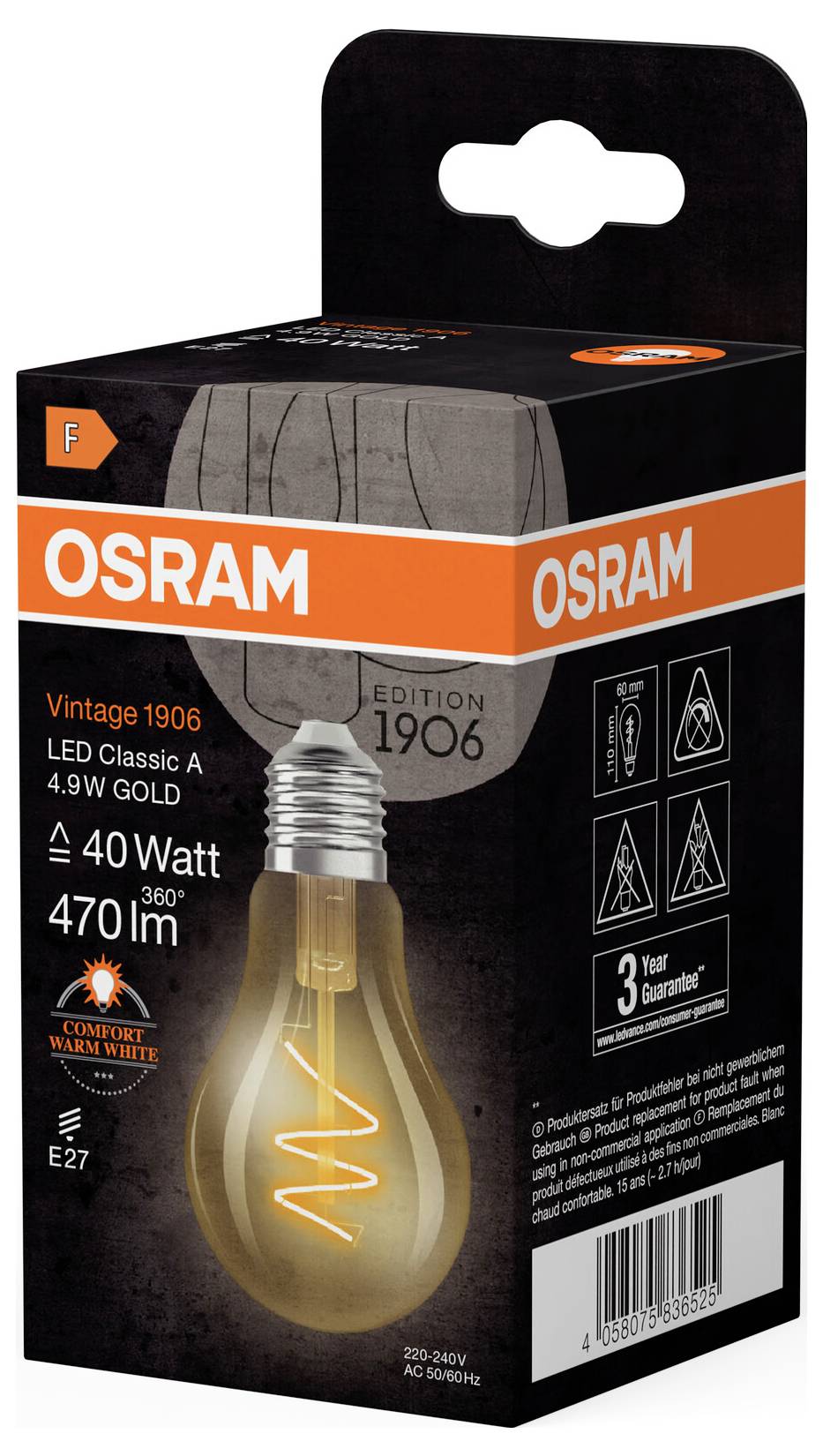 A black packaging for an OSRAM Vintage 1906 light bulb. 'LED Classic A, 4.9W Gold', '40 Watt', '470 lm', with brand logo.