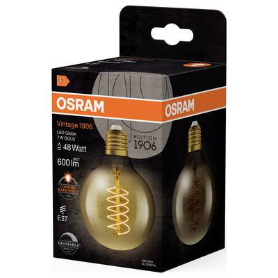 Osram Vintage 1906 Light Bulb in Packaging. 48 Watts, 600 Lumens, warm white, dimmable, E27 fitting. Packaging displays retro design.