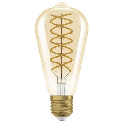 A vintage light bulb with a visible spiral-shaped filament and screw base.