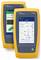 Two electronic devices with screens display network analysis data and diagrams. The main colours are yellow and blue.