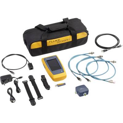 A cable tester kit including device with display, various cables, mains adapter, carry case and USB stick, for network testing.
