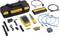 'Fluke Networks' measurement device set with pouches, cables, adapters and accessories, used for network diagnostics and testing.