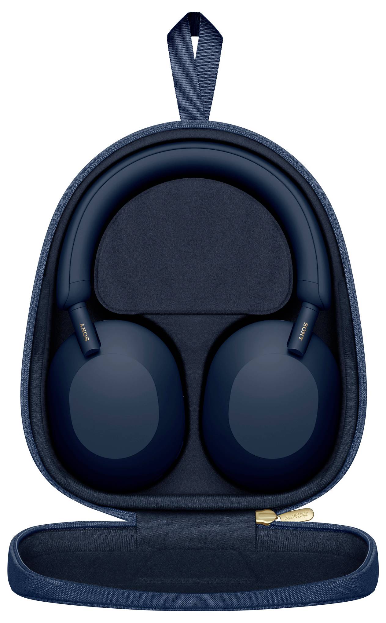 Headphones in a blue case, opened to front view.