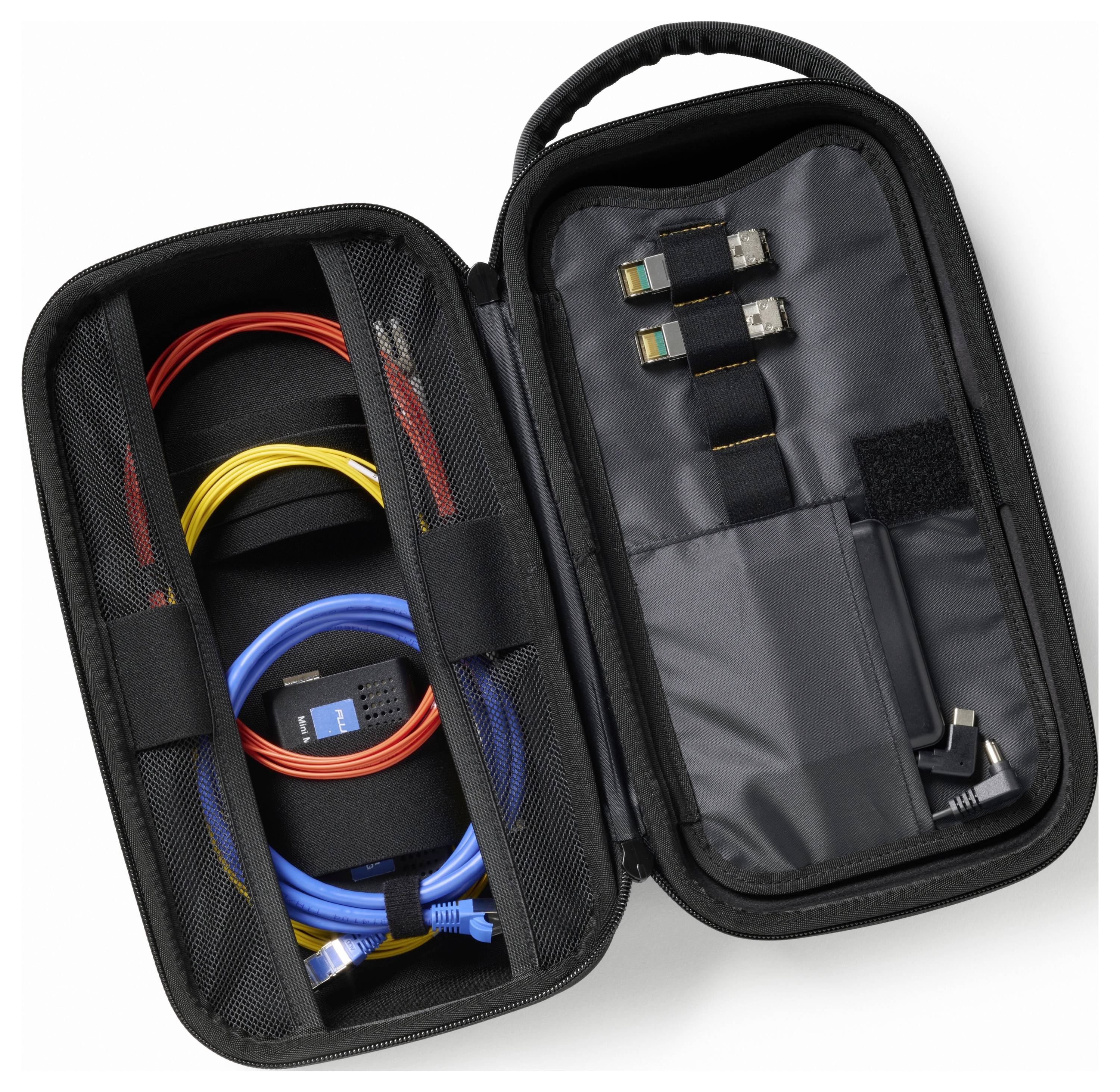 Open black bag with multiple network cables in red, yellow, and blue, along with accessories such as adapters and attachments, neatly organised.