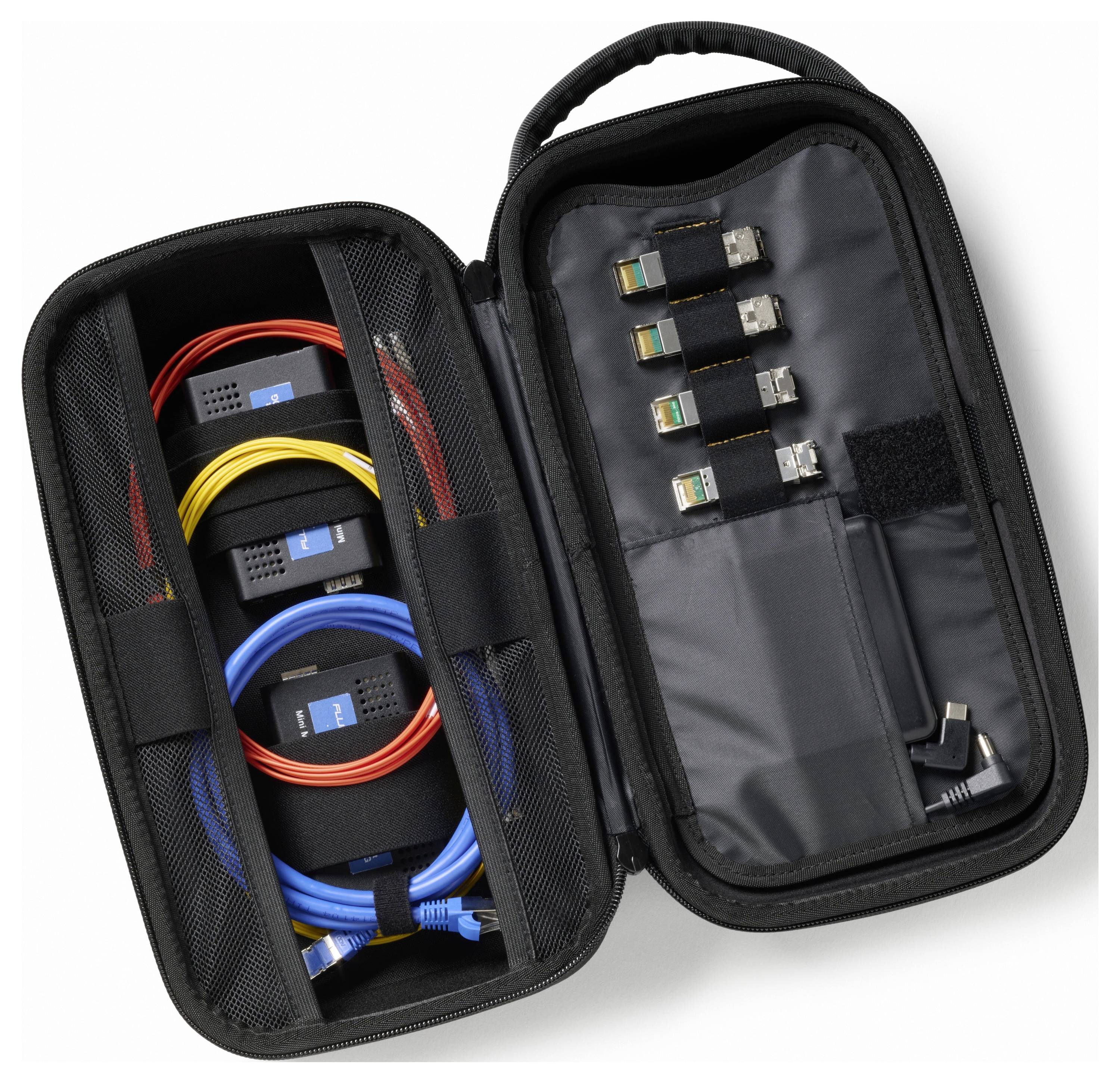 Open black bag with network cables and plugs in various colours and sizes, neatly stored in compartments.