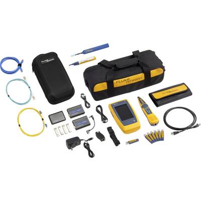 Network test kit with cables, tester, carry case and accessories for network diagnostics and maintenance.